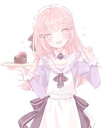  1other :3 akiyama_mizuki apron back_bow bare_shoulders black_bow black_ribbon black_skirt blunt_bangs bow cake checkerboard_cookie checkerboard_cookie_hair_ornament chocolate_cake clothing_cutout commentary cookie cookie_hair_ornament detached_collar dot_nose fang food food-themed_hair_ornament fork frilled_shirt frilled_sleeves frills funsai_seyo!_unvalentine_no_fukushuu_(project_sekai) hair_ornament hands_up heart heart_hair_ornament holding holding_fork holding_plate juliet_sleeves light_blush light_smile long_hair long_sleeves looking_at_viewer mipi_(u3u_00) official_alternate_costume official_alternate_hair_length official_alternate_hairstyle open_mouth other_focus pink_eyes pink_hair plate project_sekai puffy_sleeves purple_shirt ribbon shirt shoulder_cutout skirt solo straight-on symbol-only_commentary upper_body white_apron white_background 