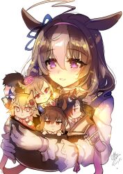  +_+ 1boy 5girls admire_vega_(umamusume) ahoge air_shakur_(umamusume) animal_ears bag black_hair blush brown_hair clipboard closed_mouth clover_hair_ornament commentary_request crown daruma_doll daruma_doll_hair_ornament double-parted_bangs ear_covers ear_ribbon eyebrow_piercing face_piercing four-leaf_clover_hair_ornament frown gloves hair_between_eyes hair_ornament hairband headband highres holding holding_bag horse_ears horse_girl long_hair long_sleeves matikanefukukitaru_(umamusume) meisho_doto_(turbulent_blue)_(umamusume) meisho_doto_(umamusume) mini_crown mini_person miniboy minigirl multicolored_hair multiple_girls orange_hair parted_lips piercing pink_crown pink_hairband pink_headband shimaji shirt short_hair shoulder_bag single_ear_cover smile t.m._opera_o_(o_sole_suo!)_(umamusume) t.m._opera_o_(umamusume) thumbs_up trainer_(umamusume) two-tone_hair umamusume violet_eyes white_gloves white_hair white_shirt 