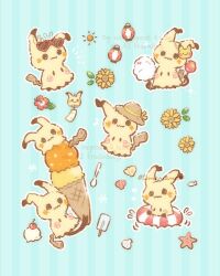  candy_apple cherry commentary_request cotton_candy flower food fruit heart highres holding ice_cream mask mimikyu musical_note no_humans pikachu pokemon pokemon_(creature) popsicle seashell shell spoon sunflower sunglasses swim_ring temariame14 
