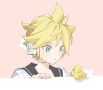  1boy aqua_eyes black_sailor_collar blonde_hair closed_mouth commentary expressionless hand_on_table headphones headset kagamine_len looking_at_object male_focus naoko_(naonocoto) pink_background rubber_duck sailor_collar shirt spiky_hair trait_connection upper_body vocaloid white_shirt yellow_nails 