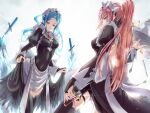  2girls apron blue_eyes blue_hair clear_glass_(mildmild1311) clothes_lift cup elbow_gloves felicia_(fire_emblem) fire_emblem fire_emblem_fates flora_(fire_emblem) glaring gloves highres holding holding_tray holding_weapon knife looking_at_viewer maid maid_apron maid_headdress multiple_girls pink_hair ponytail skirt skirt_lift teacup teapot thigh-highs tray twintails weapon 