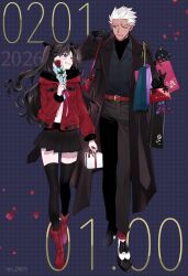  1boy 1girl archer_(fate) bag black_hair blue_eyes coat commentary_request dark-skinned_male dark_skin falling_petals fate_(series) flower full_body hair_ribbon highres holding holding_bag holding_flower jacket long_hair long_sleeves one_eye_closed petals ran_(ran_0605) ribbon shirt shoes shopping skirt smile sweatdrop tohsaka_rin two_side_up white_hair zettai_ryouiki 