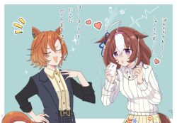  2girls :d @_@ ahoge animal_ears beamed_sixteenth_notes blue_background blush border brown_hair brown_shirt brown_skirt cellphone closed_eyes collared_shirt commentary_request dress_shirt earphones earphones eighth_note floral_print grey_jacket grey_pants hair_between_eyes hairband hand_up heart holding holding_phone horse_ears horse_girl horse_tail jacket long_sleeves meisho_doto_(casual)_(umamusume) meisho_doto_(umamusume) multicolored_hair multiple_girls musical_note notice_lines open_clothes open_jacket pants phone pink_hairband plaid_clothes plaid_pants pleated_skirt print_skirt puffy_long_sleeves puffy_sleeves ribbed_sweater shirt skirt smile sparkle sweater t.m._opera_o_(casual)_(umamusume) t.m._opera_o_(umamusume) tail translation_request trembling turtleneck turtleneck_sweater two-tone_hair umamusume usako_(umauma0602) v-shaped_eyebrows violet_eyes white_border white_hair white_sweater 