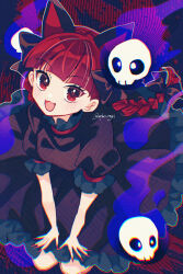 1girl :d animal_ears black_bow black_dress bow braid breasts cat_ears cat_girl colored_inner_animal_ears commentary_request dress extra_ears fang fingernails fire flaming_skull frilled_dress frilled_sleeves frills hair_bow highres kaenbyou_rin katsuragi_atori light_blush long_fingernails long_hair looking_at_viewer medium_breasts multiple_hair_bows open_mouth puffy_short_sleeves puffy_sleeves red_eyes red_hair red_ribbon ribbon sharp_fingernails short_sleeves skull sleeve_ribbon smile solo touhou twin_braids twintails twitter_username