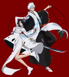  1boy 1girl almightybuttcheeks alternate_universe arrow_(projectile) asymmetrical_dual_wielding black_hair black_hakama bleach bleach:_epilogue boots bow_(weapon) breasts chain commentary cropped_jacket dress dual_wielding english_commentary green_eyes grey_eyes grey_hair hakama haori height_difference highres hitsugaya_toushirou hitsugaya_toushirou_(adult) holding holding_arrow holding_bow_(weapon) holding_chain holding_sword holding_weapon jacket japanese_clothes kurosaki_karin long_dress medium_breasts quincy_(bleach) red_background sandals shihakusho side_slit socks sword taichou_haori weapon white_boots white_dress white_jacket white_socks zanpakutou 
