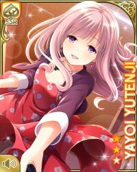  1girl :d card_(medium) character_name dress floral_print floral_print_dress girlfriend_(kari) jacket jewelry looking_at_viewer magatama necklace official_art pink_hair print_dress purple_jacket qp:flapper red_dress skirt smile solo standing violet_eyes yutenji_yayoi 