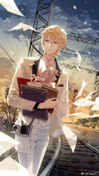  1boy alkaid_mcgrath alkaid_mcgrath_(eden) ascot blonde_hair book camera chinese_commentary closed_mouth clouds collared_shirt commentary_request contrast_lapels cowboy_shot cuff_links dusk facing_viewer flying_paper grass green_eyes hair_between_eyes highres holding holding_book holding_paper jacket lanyard lapels light_smile long_sleeves lovebrush_chronicles male_focus medium_hair notched_lapels official_art open_clothes open_jacket outdoors overhead_line pants paper pocket_square psd_(psdgai) railroad_tracks shirt sideways_glance solo standing suit tree watermark weibo_watermark white_ascot white_jacket white_pants white_shirt white_suit 
