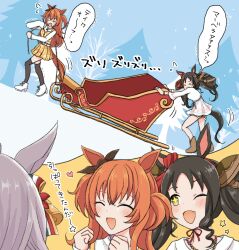  >_< +_+ 3girls ;d ^_^ animal_ears biwa_hayahide_(rouge_caroler)_(umamusume) biwa_hayahide_(umamusume) black_hair black_thighhighs boots brown_boots brown_eyes brown_hair brown_ribbon brown_shorts brown_skirt closed_eyes commentary_request dress ear_ribbon fang flying_sweatdrops heart high_heel_boots high_heels highres horse_ears horse_girl horse_tail long_hair marvelous_sunday_(umamusume) mayano_top_gun_(casual)_(umamusume) mayano_top_gun_(umamusume) multiple_girls one_eye_closed plaid_clothes plaid_skirt pleated_skirt ribbon shirt shorts skirt sleigh smile tail thigh-highs thighhighs_under_boots translation_request trembling twintails two_side_up umamusume usako_(umauma0602) very_long_hair white_boots white_dress white_shirt 