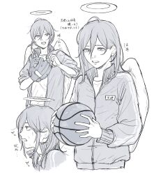  1boy alternate_costume angel_devil_(chainsaw_man) angel_wings ball baseball_(object) baseball_mitt chainsaw_man commentary_request cropped_torso hair_between_eyes halo highres long_hair male_focus partially_unzipped rigeshita simple_background sweat translation_request undershirt white_background wings zipper 