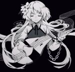  1girl ashi_(dongshi389) chinese_commentary closed_eyes closed_mouth collared_shirt commentary expressionless facing_viewer floating_hair flower graphite_(medium) greyscale hair_flower hair_ornament highres holding holding_instrument instrument long_hair long_sleeves lute_(instrument) medibang_paint_(medium) monochrome neck_ribbon ribbon shirt signature touhou traditional_media tsukumo_benben upper_body very_long_hair 