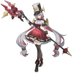  1girl 67hao_danta absurdres black_thighhighs boots breasts closed_mouth dress frills full_body grey_hair hat high_heels highres holding holding_staff incredibly_absurdres long_hair looking_at_viewer multicolored_hair original red_eyes red_hair red_skirt shako_cap simple_background skirt solo staff standing thigh-highs twintails two-tone_hair very_long_hair white_background zenless_zone_zero 