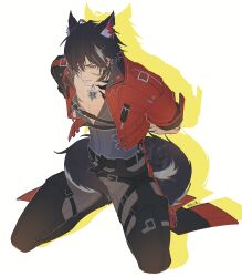  1boy absurdres animal_ear_fluff animal_ears arknights arknights:_endfield bdsm belt black_pants bondage bound chinese_commentary commentary_request endfield_industries_logo highres jacket jewelry male_focus necklace pants pectoral_cleavage pectorals red_eyes red_jacket sachielll scar scar_on_cheek scar_on_chest scar_on_face simple_background tail wolf_boy wolf_ears wolf_tail wulfgard_(arknights) 