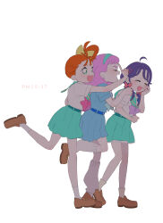  35kawaiiprpr 3girls absurdres aozora_middle_school_uniform aqua_hairband aqua_sailor_collar aqua_skirt blue_bow blue_bowtie blue_shirt blue_skirt bow bowtie brown_shoes closed_eyes green_eyes hair_bow hair_pulled_back hairband highres index_finger_raised laughing laura_la_mer leaning_forward loafers long_hair looking_at_another loose_socks low_twintails medium_hair miniskirt multiple_girls natsuumi_manatsu open_mouth orange_hair pink_bow pink_bowtie pink_hair pleated_skirt precure purple_bow purple_bowtie purple_hair sailor_collar school_uniform shirt shoes short_sleeves side_ponytail simple_background skirt smile socks standing standing_on_one_leg suzumura_sango timestamp tropical-rouge!_precure twintails walking white_background white_shirt white_socks yellow_bow 
