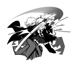  1boy 1girl blush collar commentary don_quixote_(project_moon) elbow_gloves eyelashes gloves greyscale hakama haori heads_together highres holding holding_sword holding_weapon index_(identity)_(project_moon) japanese_clothes limbus_company looking_at_another looking_at_viewer monochrome necktie noxnosk parrying parted_bangs pinky_(identity)_(project_moon) pleated_skirt project_moon protecting sheath sheathed shielding short_hair short_sleeves sinclair_(project_moon) skirt sweatdrop sword symbol-only_commentary thigh-highs tsurime undershirt weapon white_background wide-eyed 