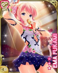  aged_down arm_up armpits black_eyes breasts card_(medium) character_name covered_navel floral_print flower frilled_leotard frills fukami_ema girlfriend_(kari) gymnastics hair_flower hair_ornament hair_up holding_medal leotard official_art pink_hair qp:flapper rhythmic_gymnastics smile solo_focus sports_hall spotlight standing thighs white_leotard 