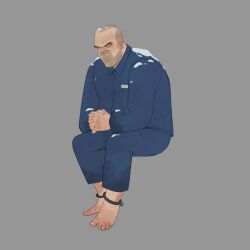  1boy ankle_cuffs barefoot beard_stubble blue_pants blue_shirt collared_shirt facial_hair frown full_body furrowed_brow grey_background highres interlocked_fingers jim_hopper male_focus mature_male own_hands_clasped own_hands_together pants prison_clothes prisoner rudy_hill shaved_head shirt sitting snow solo stranger_things stubble 