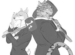  1boy 1girl animal_ears animal_nose artist_name back-to-back claws closed_mouth commentary deer_ears deer_girl deer_tail english_commentary furry furry_female furry_male glasses greyscale hammer hand_up holding holding_hammer holostars holostars_english jacket monochrome office_lady orenjimaru salaryman serious shikamane simple_background sledgehammer snout suit suit_jacket tail tiger_boy tiger_ears tiger_tail toramane 