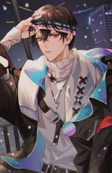 1boy absurdres adjusting_clothes adjusting_headwear ayn_alwyn ayn_alwyn_(corridor_of_fate) badge belt black_belt black_hair black_jacket blue_jacket building button_badge chain chain_necklace chinese_commentary closed_mouth csw- hair_between_eyes headband highres jacket jewelry lips long_sleeves looking_at_viewer lovebrush_chronicles male_focus necklace night open_clothes open_jacket outdoors railing red_eyes scarf short_hair shoulder_belt sideways_glance sleeves_past_wrists snowing solo sweater triangle_necklace turtleneck turtleneck_sweater two-sided_fabric two-sided_jacket upper_body v-shaped_eyebrows white_scarf white_sweater 