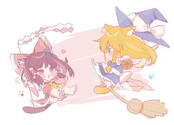  2girls animal_ear_fluff animal_ears apron ascot back_bow blonde_hair bow braid broom broom_surfing brown_eyes brown_hair cat_ears cat_girl cat_tail chibi chibi_only commentary_request detached_sleeves fighting frilled_bow frilled_hair_tubes frills gohei hair_bow hair_tubes hakurei_reimu hat hat_bow holding holding_gohei iwakoo kemonomimi_mode kirisame_marisa long_hair mini-hakkero multiple_girls open_mouth red_bow red_skirt ribbon-trimmed_sleeves ribbon_trim side_braid single_braid skirt skirt_set tail touhou waist_apron whiskers white_bow witch_hat yellow_ascot yellow_eyes 