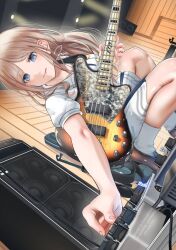  1girl amplifier bang_dream! bang_dream!_it's_mygo!!!!! bass_guitar blue_eyes brown_hair closed_mouth commentary_request highres indoors instrument kneeling long_hair nagasaki_soyo noir_(nowaru) pedal_board school_uniform sidelocks socks solo tsukinomori_school_uniform white_socks 