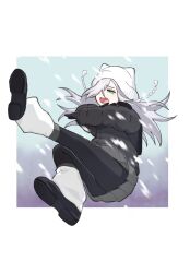  >_< 1girl black_coat black_gloves black_leggings black_shoes coat cold commentary cossack_dance crossed_arms dancing down_coat full_body ginngaf gloves grey_hair grey_skirt hair_over_one_eye hat highres kimi_no_koto_ga_dai_dai_dai_dai_daisuki_na_100-nin_no_kanojo leg_warmers leggings long_hair long_sleeves miniskirt mishiro_kogoe one_eye_covered pleated_skirt shoes simple_background skirt snowing solo teeth upper_teeth_only white_hat winter_clothes xoxo 