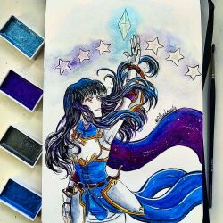  1girl arm_up armor artist_name astrid_(fire_emblem) black_hair bluelazuly breastplate brown_eyes cape crystal fingerless_gloves fire_emblem fire_emblem:_radiant_dawn gloves grin looking_up purple_cape smile solo star_(symbol) traditional_media upper_body 