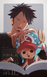  2boys absurdres aki_01123 animal_ears antlers black_hair black_shirt blue_nose book chest_tattoo commentary_request deer_ears earrings facial_hair hand_on_another's_head hand_tattoo hat highres horns horns_through_headwear jewelry male_focus multiple_boys one_piece open_book open_mouth red_shirt reindeer_antlers reindeer_boy shirt short_hair tattoo tony_tony_chopper trafalgar_law upper_body 