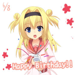 1girl :d black_hairband blonde_hair blue_eyes blush chitose_sana commentary_request dated double_bun eyes_visible_through_hair hair_between_eyes hair_bun hair_intakes hairband happy happy_birthday highres holding holding_party_popper long_hair long_sleeves looking_at_viewer norapan open_mouth party_popper pink_shirt red_sailor_collar sailor_collar school_uniform serafuku shirt sidelocks simple_background smile solo tenshinranman two_side_up upper_body white_background 