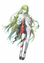  1other absurdres androgynous ball black_shoes braid candy candy_cane christmas_ornaments christmas_tree closed_mouth commentary_request enkidu_(celebratory_attire)_(fate) enkidu_(fate) fate/grand_order fate_(series) food full_body green_eyes green_hair hair_ornament highres leg_ribbon lokiy_huai long_hair looking_at_viewer other_focus own_hands_together pants red_ribbon ribbon shoes simple_background solo very_long_hair white_background white_pants 