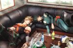  2boys absurdres bakugou_katsuki bare_shoulders belt black_bodysuit blonde_hair bodysuit boku_no_hero_academia bottle can closed_eyes commentary_request day freckles gloves gloves_removed green_bodysuit green_eyes green_hair hand_on_own_stomach highres indoors knee_up lying male_focus midoriya_izuku multiple_boys on_back on_side parted_lips pectorals pillow red_eyes shadow short_hair sleeping spiky_hair table ushi3_moo window 