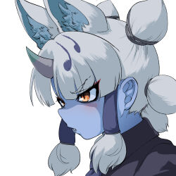  1girl animal_ears black_shirt blue_necktie blue_skin blush colored_skin extra_ears fox_ears fox_girl ginkaku_(kemono_friends) grey_hair highres horns kemono_friends long_hair mcgunngu necktie ribbon shirt simple_background solo upper_body yellow_eyes 