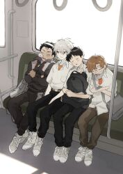  4boys aida_kensuke backpack bag black_hair black_jacket black_pants brown_hair brown_pants collared_shirt commentary_request glasses head_on_another's_shoulder highres holding holding_bag ikari_shinji jacket looking_to_the_side male_focus multiple_boys nagisa_kaworu neon_genesis_evangelion nose_bubble open_collar orange_shirt oshio_(baniniwana) pants parted_bangs round_eyewear shirt shoes short_hair shoulder_bag sideways_glance sitting suzuhara_touji train_interior white_hair white_shirt white_shoes 