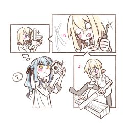  2girls bang_dream! bang_dream!_it's_mygo!!!!! blonde_hair blue_hair chinese_commentary closed_eyes commentary_request english_commentary highres holding holding_screwdriver long_hair medium_hair misumi_uika mixed-language_commentary multiple_girls open_mouth ponytail ra_reityalice ruler saw screwdriver shirt three-quarter_sleeves togawa_sakiko violet_eyes white_shirt yellow_eyes 