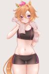 1girl animal_ears bangs bare_arms bare_legs bare_shoulders breasts clothes_lift highres holding holding_towel horse_ears horse_girl horse_tail looking_at_viewer opera_love_0403 orange_hair short_hair solo sports_bra sportswear stomach sweater sweater_lift t.m._opera_o_(umamusume) tail towel umamusume violet_eyes 