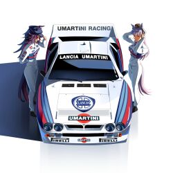  2girls animal_ears black_hair blunt_bangs bow breasts brown_hat car closed_mouth ear_bow ear_ribbon ears_through_headwear fenomeno_(umamusume) flipped_hair gold_ship_(umamusume) grey_hair hat highres horse_ears horse_girl horse_tail jumpsuit lancia_(brand) large_breasts long_hair long_sleeves medium_breasts motor_vehicle multicolored_hair multiple_girls parted_lips peaked_cap pillbox_hat purple_bow purple_hair racing_suit sweatdrop tail toyeeta_prius umamusume violet_eyes white_jumpsuit white_racing_suit 