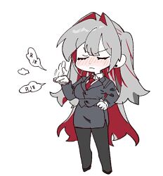  1girl black_pantyhose breasts collared_shirt full_body grey_hair grey_jacket grey_skirt hair_intakes jacket large_breasts long_hair multicolored_hair original pantyhose pencil_skirt red_hair red_streaks shirt simple_background skirt solo streaked_hair swatting uwipi very_long_hair white_background white_shirt 