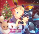  1boy 1girl ;) animal_ears bangs black_capelet black_hair black_jacket blonde_hair blue_eyes blue_hair blurry blurry_background blush brown_eyes capelet christmas_ornaments christmas_tree closed_mouth commentary_request commission copyright_request crossover depth_of_field eevee forehead fur-trimmed_capelet fur-trimmed_sleeves fur_trim gradient_hair heart heart_hands heart_hands_duo jacket kou_hiyoyo long_hair long_sleeves looking_at_viewer multicolored_hair one_eye_closed pokemon pokemon_(creature) skeb_commission smile star_(symbol) sweater tail unmoving_pattern virtual_youtuber white_sweater 