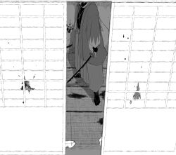  1boy blood blood_on_ground blood_on_wall dual_wielding fate/grand_order fate_(series) fusuma greyscale hakama head_out_of_frame headband headband_around_neck highres holding japanese_clothes katana kimono monochrome saitou_hajime_(fate) saitou_hajime_(third_ascension)_(fate) sayo_(38b_c0) sliding_doors solo striped_hakama sword tatami unsheathed unworn_headband weapon 