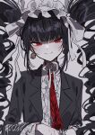  1girl 3j_dangan bangs black_hair black_jacket celestia_ludenberg danganronpa:_trigger_happy_havoc danganronpa_(series) dress_shirt drill_hair earrings grey_background grey_shirt highres jacket jewelry long_hair long_sleeves looking_at_viewer necktie open_clothes open_jacket red_eyes red_necktie shirt simple_background smile solo twin_drills upper_body 