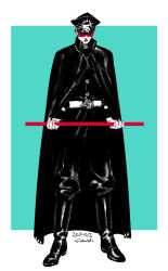  1boy baton_(weapon) belt belt_buckle boots buckle buttons cape closed_mouth collared_cape commentary_request full_body hat holding holding_baton_(weapon) kotteri looking_to_the_side male_focus original pants peaked_cap red-tinted_eyewear shirt shirt_tucked_in sideways_glance solo standing tinted_eyewear weapon 