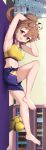  armpits blush bookshelf brown_hair cropped dog dog_ears dog_girl highres hololive inugami_korone legs looking_at_viewer navel open_mouth poke_ball ponytail sideways sports_bra sportswear stomach sweat sweating_profusely thighhighs thighs vertical water yellow_eyes 