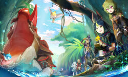  3boys 3girls :d animal_ears bird blonde_hair blue_hair blue_sky clouds collei_(genshin_impact) commentary_request cyno_(genshin_impact) dark-skinned_male dark_skin faruzan_(genshin_impact) flower genshin_impact green_eyes green_hair grey_hair hair_between_eyes hands_on_own_hips hands_on_own_knees highres jungle kaveh_(genshin_impact) layla_(genshin_impact) multiple_boys multiple_girls nature notebook open_mouth red_eyes reito6 river sky smile tassel tighnari_(genshin_impact) twintails veil violet_eyes water writing yellow_flower 