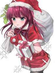  1girl :d absurdres alternate_costume angel_beats! aqua_eyes black_pantyhose blunt_bangs blush bow bowtie box breasts capelet christmas commentary cowboy_shot dress dual_wielding eyelashes floating_hair fur-trimmed_capelet fur-trimmed_dress fur-trimmed_headwear fur_trim gift gift_box green_bow hair_bow hands_up hat highres holding holding_gift holding_sack incoming_gift long_hair looking_at_viewer medium_breasts nakamura_yuri open_mouth pantyhose plaid_bow plaid_bowtie plaid_clothes pom_pom_(clothes) purple_hair red_bow red_bowtie red_capelet red_hat sack santa_costume santa_dress santa_hat simple_background smile solo sparkle tsurime user_vkcr5455 v-shaped_eyebrows white_background 