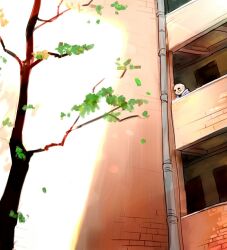  1boy 2019 2d blue_jacket building commentary digital_media english_commentary hood hood_down hooded_jacket humanoid jacket male male_focus male_only monster monster_boy open_clothes open_jacket sans_(undertale) scenery skeleton solo teeth tree undead undertale utdr_(toby_fox) veah3 wide_shot 