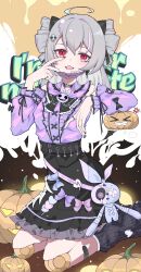  >_< 1girl absurdres black_leg_warmers black_skirt breasts chinese_commentary commentary_request doll_joints drill_hair grey_hair halloween_bucket highres honkai_(series) honkai_impact_3rd jirai_kei joints kneeling leg_warmers licking_lips long_hair looking_at_viewer mask mouth_mask official_alternate_costume prometheus_(honkai_impact) prometheus_(saccharine_lash-out)_(honkai_impact) purple_shirt qiuqiuku red_eyes robot_girl shirt skirt small_breasts solo tongue tongue_out twin_drills 