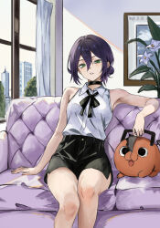  1girl :3 black_choker black_skirt breasts chainsaw_man choker commentary_request couch green_eyes hair_between_eyes highres looking_at_viewer medium_breasts open_mouth pochita_(chainsaw_man) purple_hair reze_(chainsaw_man) shirt short_hair sitting skirt sleeveless sleeveless_shirt solo white_shirt yu_xiao_(user_mwct3843) 