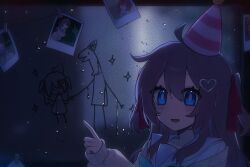  1girl :d ahoge backlighting blue_eyes blue_light blue_sailor_collar blush bright_pupils brown_hair cardigan child's_drawing commentary condensation dark double-parted_bangs dripping glass_writing hair_between_eyes hair_ornament hair_ribbon happy heart heart_hair_ornament highres holding_hands indoors kermit_the_frog lingyou long_hair long_sleeves looking_at_viewer mini_party_hat muppets neuro-sama night no_nose off-shoulder_cardigan pointing polaroid_photo rain red_ribbon ribbon sailor_collar sleeves_past_wrists smile sparkle symbol-only_commentary two_side_up vedal987 vedal_ai vrchat water_drop white_pupils window yellow_cardigan 