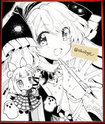  2girls apron arm_ribbon armor armored_dress biyon chibi commentary_request double_bun dress hair_bun hair_ribbon haniwa_(statue) haniyasushin_keiki headscarf jewelry joutouguu_mayumi long_hair magatama magatama_necklace multiple_girls necklace nib_pen_(object) open_mouth pen ribbon single_strap smile touhou 