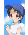  1girl bangs black_eyes black_hair blue_headwear blue_sky bunny_hair_ornament clouds cloudy_sky day dot_nose eyes_visible_through_hair flat_chest food hair_ornament hairclip hand_up hat highres holding_ice_cream idolmaster idolmaster_cinderella_girls light_blush looking_at_viewer megabee_e outdoors popsicle sasaki_chie shirt short_hair short_twintails sky sleeveless sleeveless_shirt solo symbol-only_commentary twintails upper_body white_shirt 
