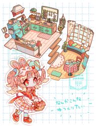  1girl apple banana basket blonde_hair blue_pantyhose blunt_bangs bottle cake calendar_(object) chair chibi chibi_only coffee_bag coffee_maker commentary_request curtains cutting_board dated drawer dress food fruit fruit_basket frying_pan full_body grid_background holding holding_basket indoors juliet_sleeves kitchen lamp leaf long_sleeves looking_at_viewer mochimura_sorata original outline oven pantyhose pillow plant potted_plant puffy_sleeves red_dress red_eyes red_shoes refrigerator round_table shoes short_hair signature sink solo standing strawberry stuffed_animal stuffed_rabbit stuffed_toy table tablecloth teapot twintails twitter_username watermark white_background white_outline window wooden_floor 